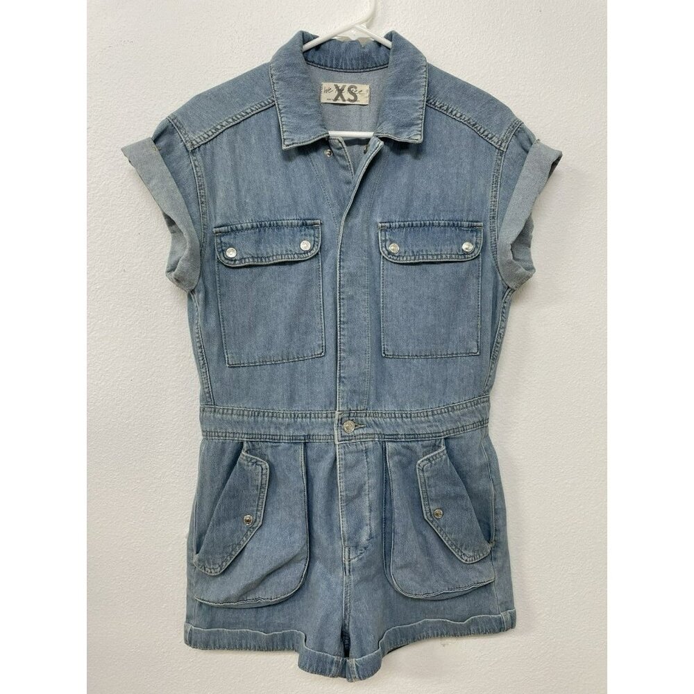 We the Free Cuffed Marrakesh Snap/Button Denim Romper Oversized Shorts Womens XS